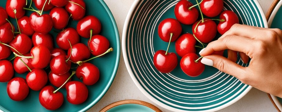 Top-down view of fresh red cherries in bowls with a hand picking one cherry