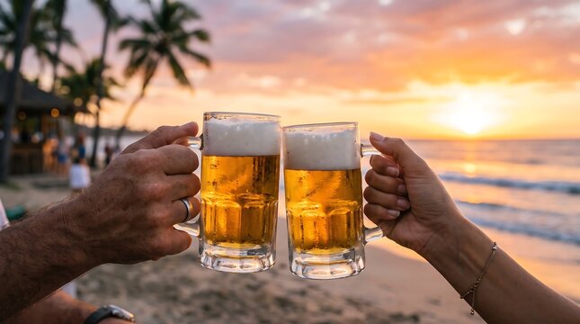 Hands Clinking Beer Mugs at Beach Sunset
