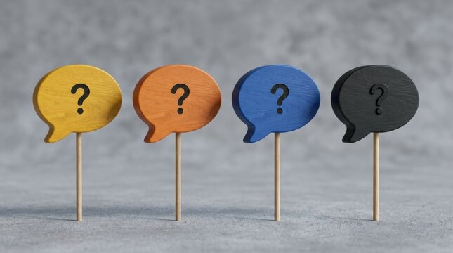 Four colorful wooden speech bubbles with question marks Uses open-ended questions to explore ideas, uncover assumptions