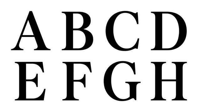 70 Classic Serif Alphabet Letters A-H, Elegant Typography Set, Black and White Serif Font Characters, Simple Educational Alphabet Design, Uppercase Letterforms 100