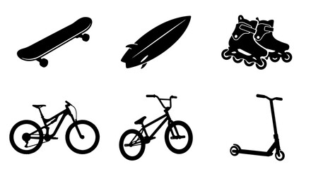 Obraz premium 70 Vector Icons Set: Skateboard, Surfboard, Rollerblades, Mountain Bike, BMX, Scooter, Extreme Sports Equipment, Urban Mobility, Outdoor Activity Gear 100
