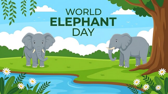 World elephant day celebration illustration with elephants in nature, elephant