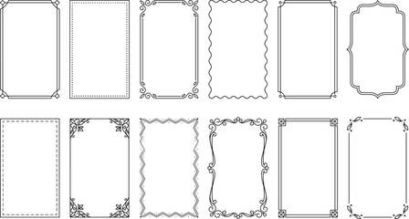 Minimalist Line Border Frame Template Set with Elegant Botanical Corners Wavy Edges and Geometric Outlines for Greeting Cards Certificate Layouts and Wedding Invitations © PUTUL