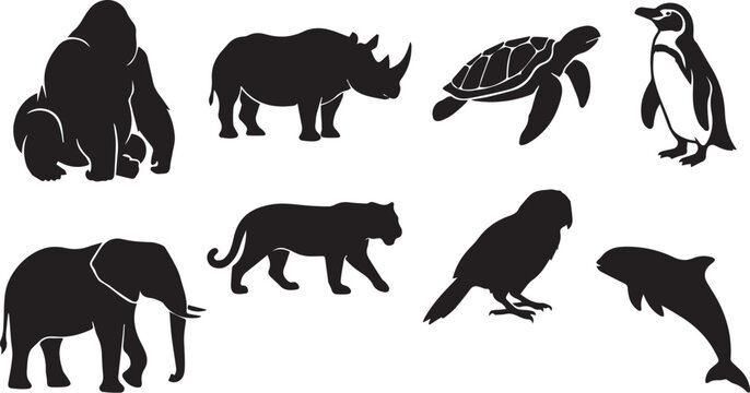 Set of black silhouettes of endangered animals including gorilla, rhinoceros, sea turtle, penguin, elephant, tiger, parrot, and orca whale
