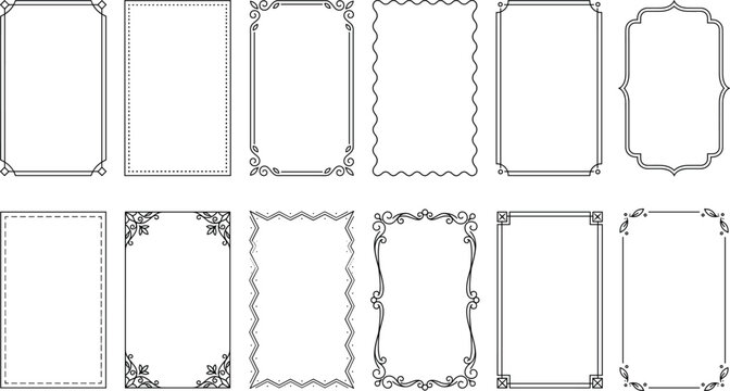Minimalist Line Border Frame Template Set with Elegant Botanical Corners Wavy Edges and Geometric Outlines for Greeting Cards Certificate Layouts and Wedding Invitations