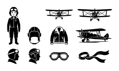 70 Vintage Aviation Icons Set, Retro Biplanes, Pilot Gear, and Emblematic Ribbon Vector Graphics for Nostalgic Design Projects 100 © Rafsan
