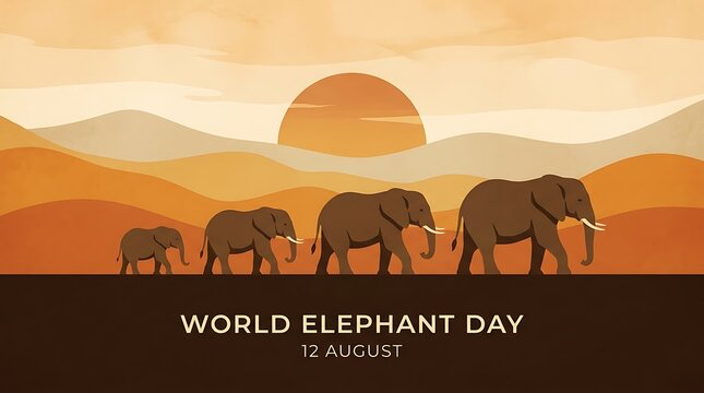 World elephant day conceptual illustration with a herd walking during sunset