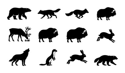 Fototapeta premium 70 Arctic Wildlife Silhouettes Collection: Polar Bear, Fox, Wolf, Musk Ox, Reindeer, Hare, Weasel Vector Icons for Nature and Exploration Graphics 100