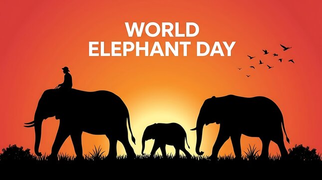 Silhouette of a rider on an elephant walking with a calf at sunset, elephant