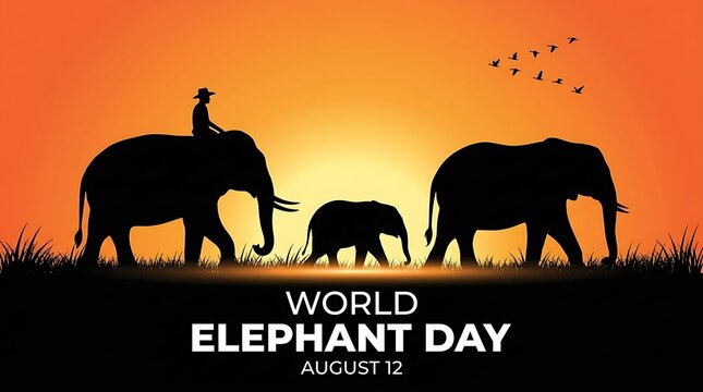 Silhouette illustration of elephants walking in the savannah at sunset