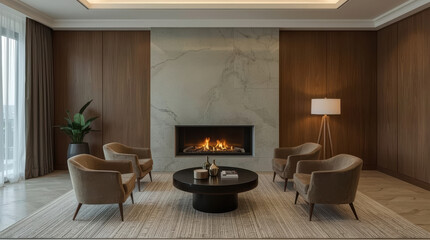 Obraz premium Warm minimalist luxury lounge with fireplace, velvet chairs, marble and wood paneling