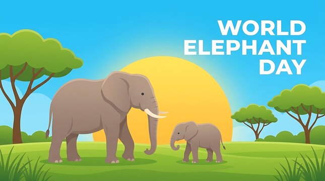 World elephant day cartoon illustration with adult and baby elephant in savanna