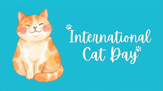 International cat day watercolor orange fluffy cat smiling on blue background