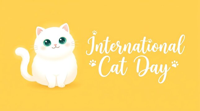 International cat day celebration graphic with cute white fluffy kitten