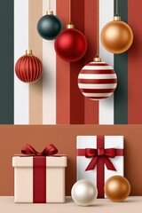Fototapeta premium Festive Christmas scene with luxury gift boxes and hanging baubles in warm tones