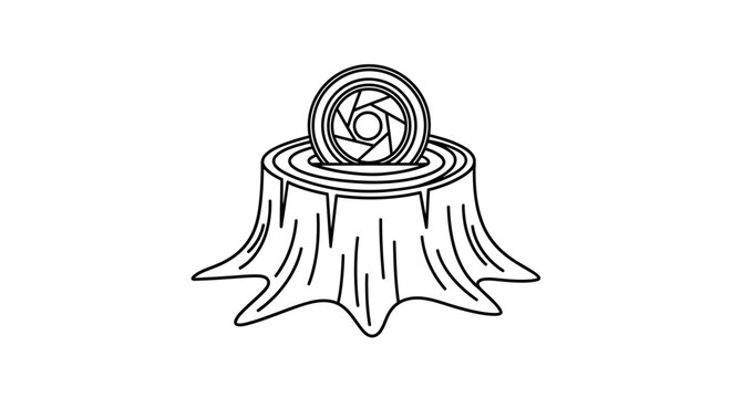 Minimalist icon of camera aperture inside a tree stump.