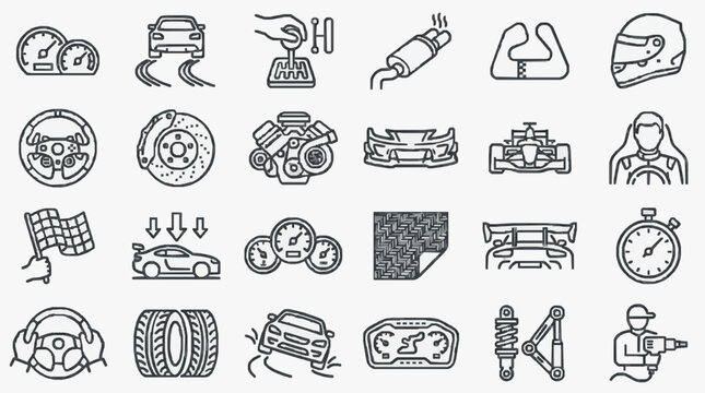 Professional Black and White Line Drawing Icons Set Featuring Auto Parts Racing Mechanics and Dashboard Elements
