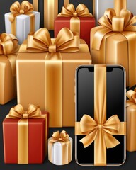 Fototapeta premium Premium smartphone wrapped with gold ribbon among luxury Christmas gifts and festive holiday presents
