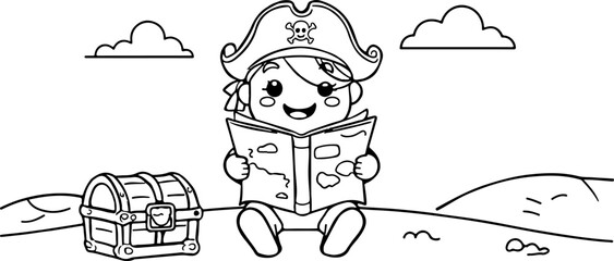 Cute little pirate kid looking at a treasure map with a gold chest on a tropical island