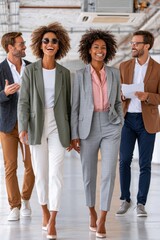 Fototapeta premium Two smiling professional women walking with colleagues in a modern office showing confident diverse team