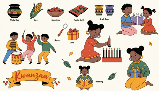 Kwanzaa celebration icons, traditional African American holiday symbols, Kwanzaa principles and gifts, cultural vector illustrations