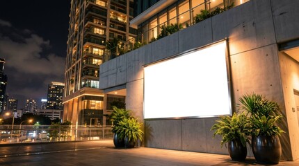 Fototapeta premium Nighttime urban scene with blank billboard on modern White horizontal light box mock-up mounted