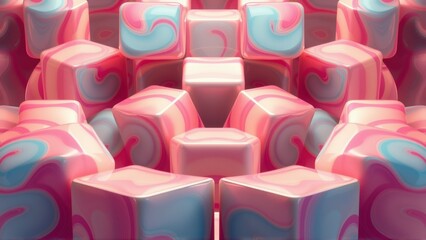 Fototapeta premium Abstract cubes display swirling pink, blue patterns. Glossy surfaces create dynamic visual texture, contrasting dark background.