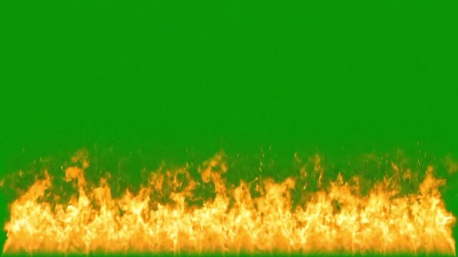 Continuous horizontal flame fire line burning on solid green screen background