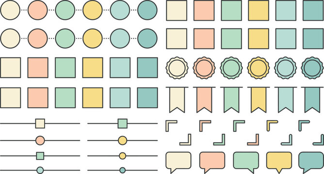 Minimalist Pastel Badge and Interface Element Template Set with Circles Squares Ribbon Flags Speech Bubbles and Slider Bars for Web UI UX Designs