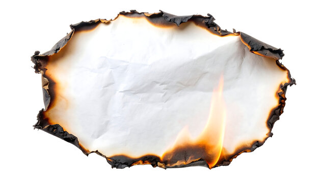 Burned paper hole with charred scorched edges and glowing fire flames in a transparent background design element