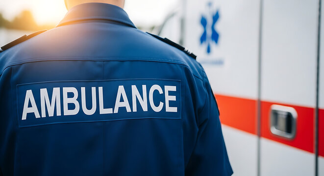 Professional paramedic in a blue uniform standing by an ambulance during a medical emergency