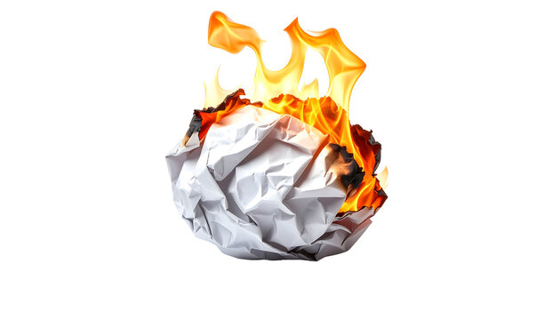 Crumpled paper ball burning with bright orange flames isolated as a transparent background png cut out design