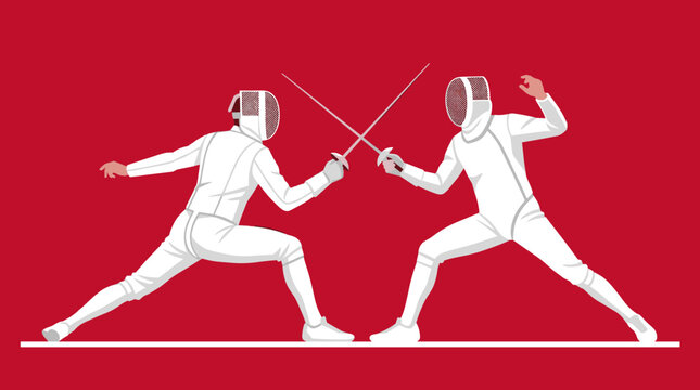 Professional Fencing Duel Sport Vector Illustration on Red Background