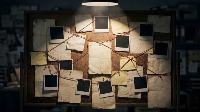 Criminal Investigation Board with Connected Evidence Photos and Notes under a Spotlight in a Dark Room