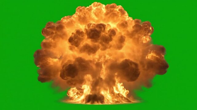 Large fiery explosion blast with smoke clouds isolated on green screen background