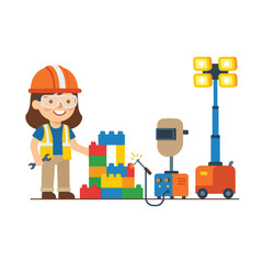 A cartoon illustration of a young girl construction worker welding colorful building blocks with professional equipment and a light tower. © Aqil Art