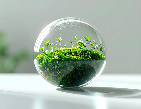 A small glass terrarium with green moss and plants on a white surface.