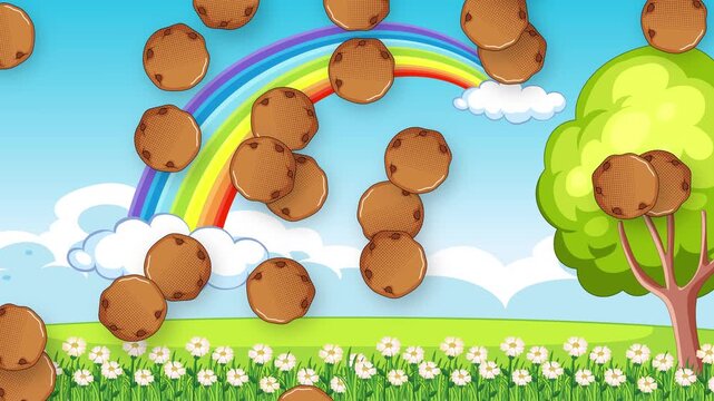 Cartoon Chocolate Chip Cookies Falling Over Sunny Meadow with Rainbow