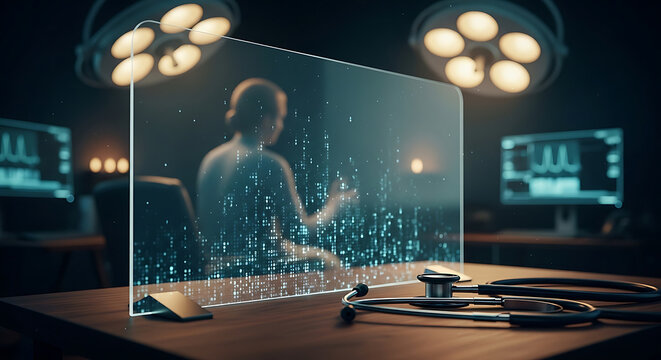 HIPAA medical data technology protects patient privacy through encrypted digital information on a futuristic screen in a professional hospital