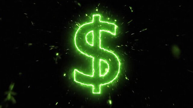 Glowing green neon dollar sign symbol animation against dark black background currency money