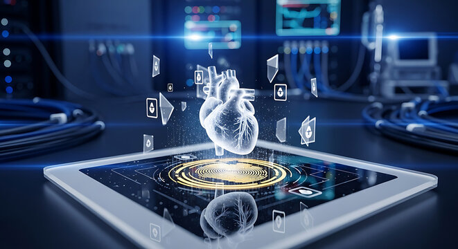 Advanced medical heart digital technology showing a holographic organ display for cardiology research and hipaa compliant data protection