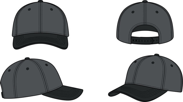 Vector baseball cap tech pack mockup template design featuring front back side and angled views in charcoal grey with black stitching lines isolated on white background