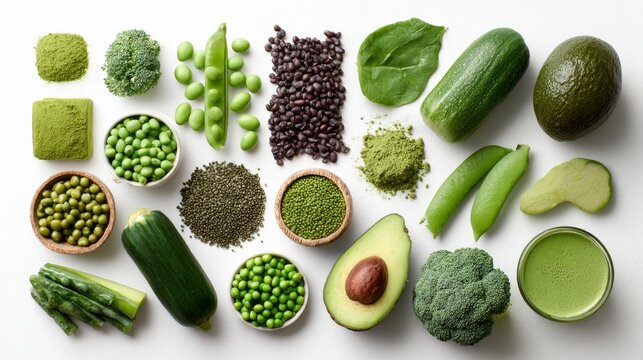 Healthy vegetarian green foods with plant-based protein ingredients on white background featuring green peas, beans, mung beans, broccoli, zucchini, avocados, matcha and fresh spinach for vegan nutrit