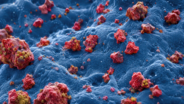 Hyper realistic colorized microscopic view of airborne particulate matter on lung alveolar surface, red irregular pollution particles with metal deposits scattered across blue epithelium tissue