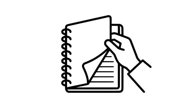 Hand turning pages of a spiral bound notebook, illustration, clean design