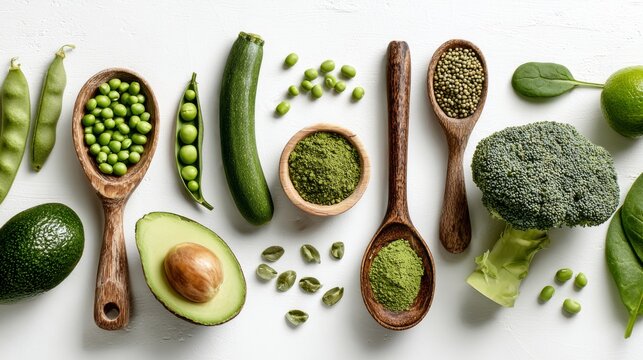 Healthy vegetarian green foods with plant-based protein ingredients on white background featuring green peas, beans, mung beans, broccoli, zucchini, avocados, matcha and fresh spinach for vegan nutrit