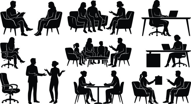Psychology therapy and business communication silhouette set featuring counseling sessions, family support, and professional office meetings