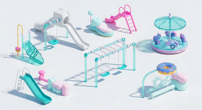 Playground clipart collection with isometric 3D equipment including a slide and swing in a soft pastel color palette for childrens park design