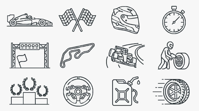 Dynamic Black and White Racing and Pit Stop Set Featuring Race Car Flags Helmets Timers Pit Crew Tools and Awards