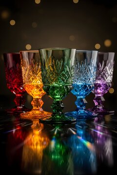Elegant colorful crystal wine glasses arranged in a row with vibrant rainbow lighting and sparkling reflections creating a luxurious still life scene